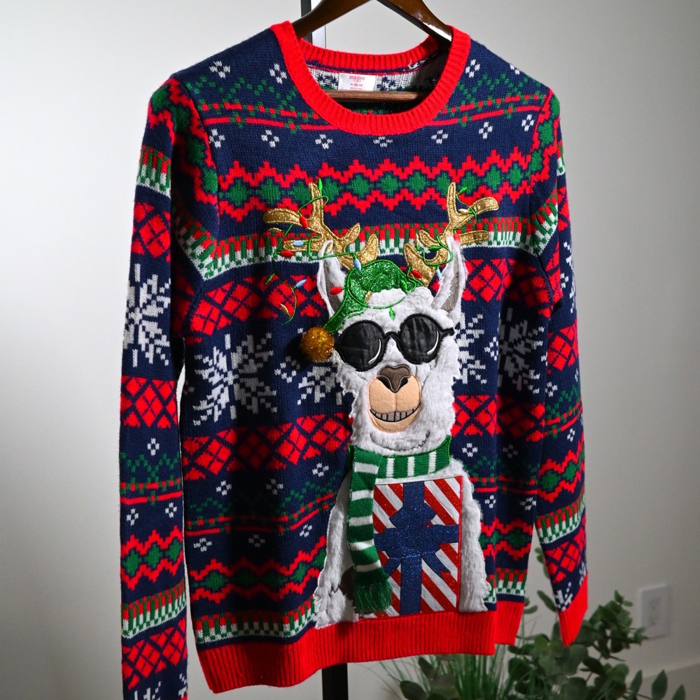 Holiday Time Llama Ugly Christmas Sweater Navy Red Fair Isle Antlers Womens M
